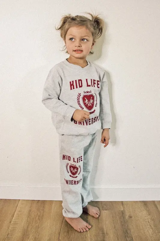 Kız-Erkek Çocuk Gri Bisiklet Yaka Kid Life Universıty Baskılı Sweatshirt-Eşofman Takım - 1gri1 - 2