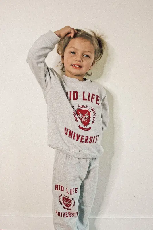 Kız-Erkek Çocuk Gri Bisiklet Yaka Kid Life Universıty Baskılı Sweatshirt-Eşofman Takım - 1gri1 - MORNİNG KİDS
