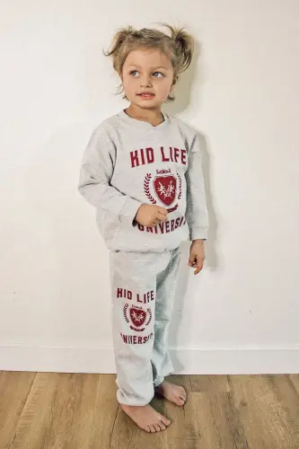 Kız-Erkek Çocuk Gri Bisiklet Yaka Kid Life Universıty Baskılı Sweatshirt-Eşofman Takım - 1gri1 - MORNİNG KİDS (1)