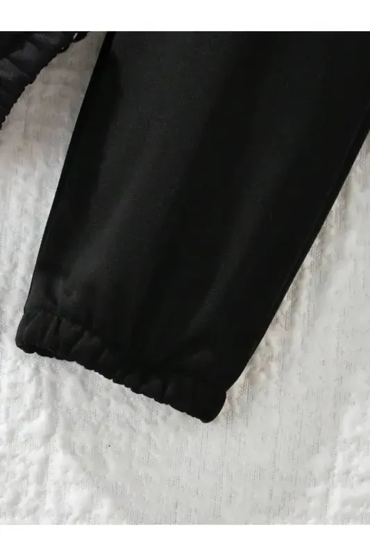 Kız-Erkek Çocuk Siyah Kapşonlu Fermuarlı Yaramaz Kediler Baskılı Şardonlu Hırka-Eşofman Takım-YSİYAH - 3