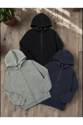 Kız-Erkek Çocuk ve Yetişkin Unisex 3'lü Paket Siyah-Gri-Lacivert Şardonlu Fermuarlı Hırka-LACİVERT - 1