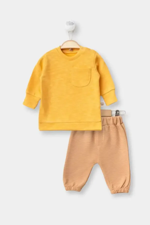 Kız Erkek Yenidoğan Bebek %100 Pamuk Spor Sweatshirt Ve Pantolon Casual 2'li Takım-Açık kahve - 1