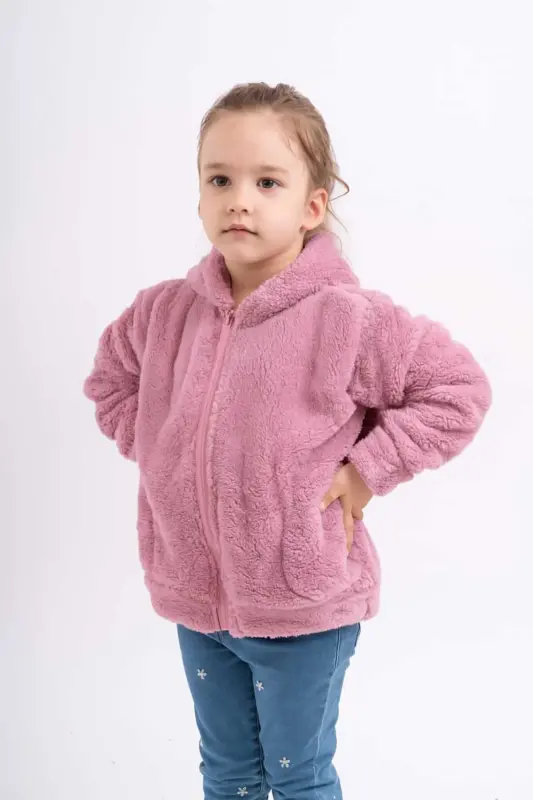 Kız Genç Çocuk Polar Welsoft Peluş Cepli Ceket-Pudra - 3