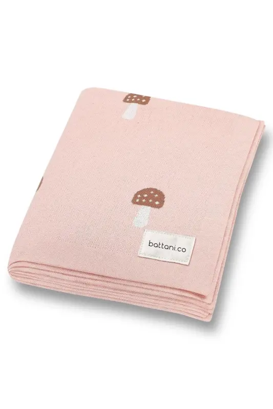 Kız Ve Erkek Bebek Için Triko Örgü Bebek Battaniyesi 85cm X85cm Minik Mantarlar Pembe - Pembe Mantar - 2