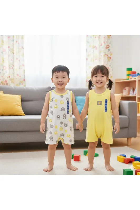 kız ve erkek bebek yazlık askılı tulum ikili bebek set yazlık bebek ürünleri-Sarı - 4