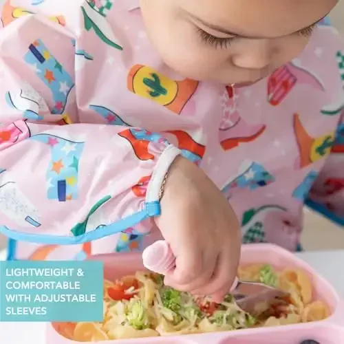 Bumkins Sleeved Bib for Girl or Boy Baby and Toddler for 6-24 Mos, Essential Must Have for Eating, Feeding, Baby Led Weaning Supplies, Long Sleeve Mess Saving Food Catcher, Soft Fabric, Cowgirl Boots - 4