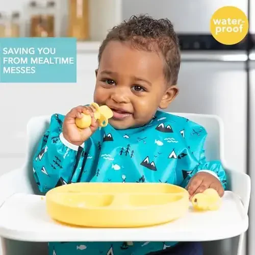 Bumkins Sleeved Bib for Girl or Boy, Baby and Toddler for 6-24 Mos, Essential Must Have for Eating, Feeding, Baby Led Weaning Supplies, Long Sleeve Mess Saving Food Catcher, Fabric, Outdoors Blue - 2