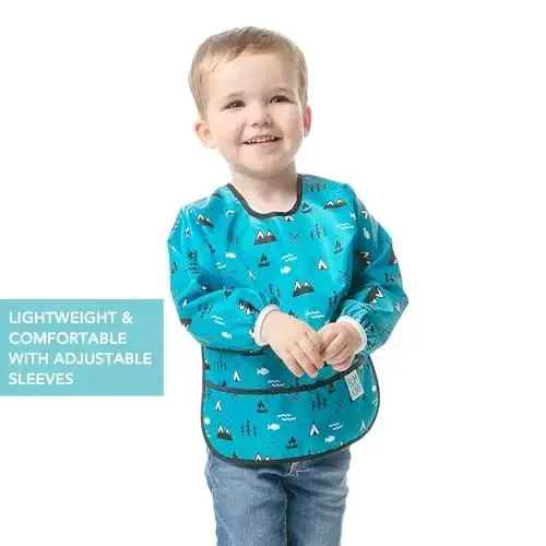 Bumkins Sleeved Bib for Girl or Boy, Baby and Toddler for 6-24 Mos, Essential Must Have for Eating, Feeding, Baby Led Weaning Supplies, Long Sleeve Mess Saving Food Catcher, Fabric, Outdoors Blue - 4