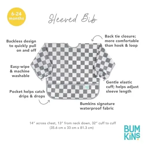 Bumkins Sleeved Bib for Girl or Boy, Baby and Toddler for 6-24 Mos, Essential Must Have for Eating, Feeding, Baby-Led Weaning Supplies, Long Sleeve Mess Saving Food Catcher, Fabric, Gray Check - 4