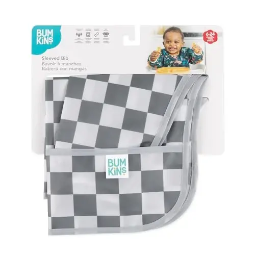 Bumkins Sleeved Bib for Girl or Boy, Baby and Toddler for 6-24 Mos, Essential Must Have for Eating, Feeding, Baby-Led Weaning Supplies, Long Sleeve Mess Saving Food Catcher, Fabric, Gray Check - 5