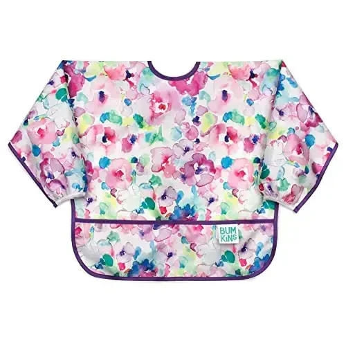 Bumkins Sleeved Bib for Girl or Boy, Baby and Toddler for 6-24 Mos, Essential Must Have for Eating, Feeding, Baby Led Weaning, Long Sleeve Mess Saving Food Catcher, Soft Fabric, Watercolors Floral - 1