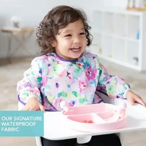 Bumkins Sleeved Bib for Girl or Boy, Baby and Toddler for 6-24 Mos, Essential Must Have for Eating, Feeding, Baby Led Weaning, Long Sleeve Mess Saving Food Catcher, Soft Fabric, Watercolors Floral - 3