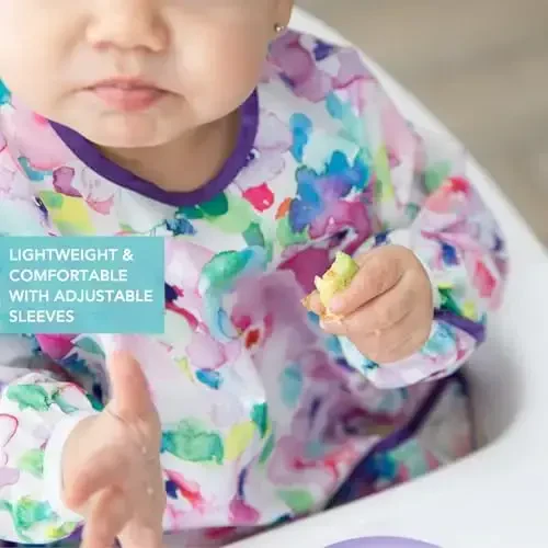 Bumkins Sleeved Bib for Girl or Boy, Baby and Toddler for 6-24 Mos, Essential Must Have for Eating, Feeding, Baby Led Weaning, Long Sleeve Mess Saving Food Catcher, Soft Fabric, Watercolors Floral - 4