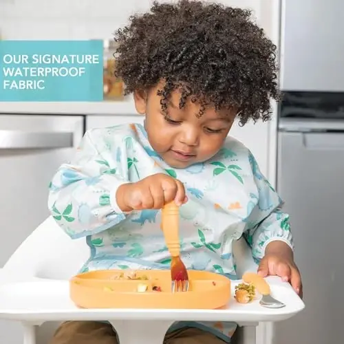 Bumkins Sleeved Bib for Girl or Boy, Baby and Toddler for 6-24 Mos, Essential Must Have for Eating, Feeding, Baby Led Weaning Supplies, Long Sleeve Mess Saving Food Catcher, Fabric, Dinosaur Gray - 3