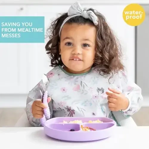 Bumkins Sleeved Bib for Girl or Boy, Baby and Toddler for 6-24 Mos, Essential Must Have for Eating, Feeding, Baby Led Weaning Supplies, Long Sleeve Mess Saving Food Catcher, Soft Fabric, Floral Gray - 2