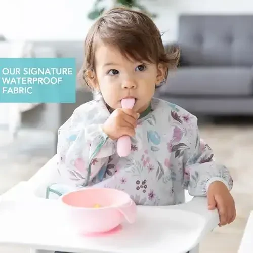 Bumkins Sleeved Bib for Girl or Boy, Baby and Toddler for 6-24 Mos, Essential Must Have for Eating, Feeding, Baby Led Weaning Supplies, Long Sleeve Mess Saving Food Catcher, Soft Fabric, Floral Gray - 3