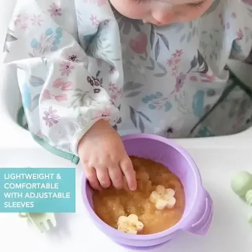 Bumkins Sleeved Bib for Girl or Boy, Baby and Toddler for 6-24 Mos, Essential Must Have for Eating, Feeding, Baby Led Weaning Supplies, Long Sleeve Mess Saving Food Catcher, Soft Fabric, Floral Gray - 4