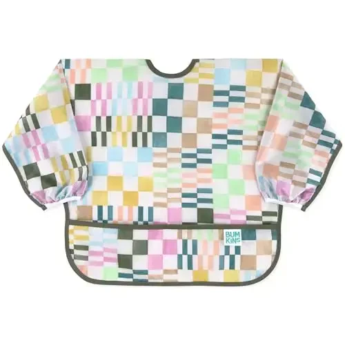 Bumkins Sleeved Bib for Girl or Boy, Baby and Toddler for 6-24 Mos, Essential Must Have for Eating, Feeding, Baby Led Weaning Supplies, Long Sleeve Mess Saving Food Catcher, Soft Fabric, Multi Check - 1