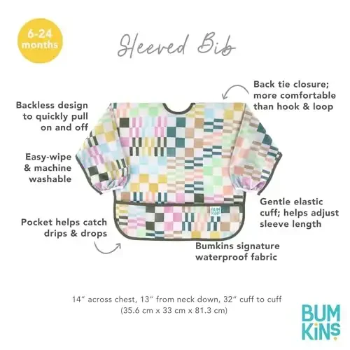Bumkins Sleeved Bib for Girl or Boy, Baby and Toddler for 6-24 Mos, Essential Must Have for Eating, Feeding, Baby Led Weaning Supplies, Long Sleeve Mess Saving Food Catcher, Soft Fabric, Multi Check - 3