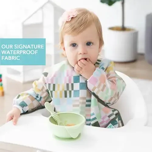 Bumkins Sleeved Bib for Girl or Boy, Baby and Toddler for 6-24 Mos, Essential Must Have for Eating, Feeding, Baby Led Weaning Supplies, Long Sleeve Mess Saving Food Catcher, Soft Fabric, Multi Check - 6