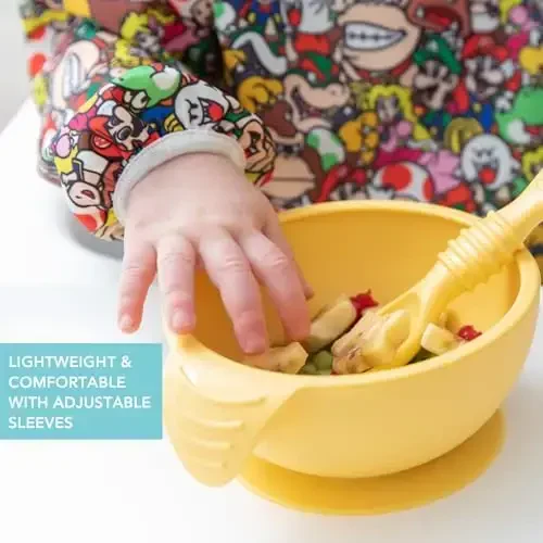 Bumkins Sleeved Bib for Girl or Boy, Baby and Toddler for 6-24 Mos, Essential Must Have for Eating, Feeding, Baby Led Weaning Supplies, Long Sleeve Mess Saving Food Catcher, Nintendo Super Mario - 4