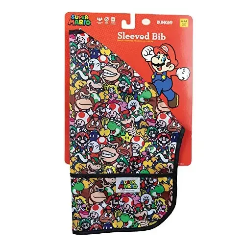 Bumkins Sleeved Bib for Girl or Boy, Baby and Toddler for 6-24 Mos, Essential Must Have for Eating, Feeding, Baby Led Weaning Supplies, Long Sleeve Mess Saving Food Catcher, Nintendo Super Mario - 6