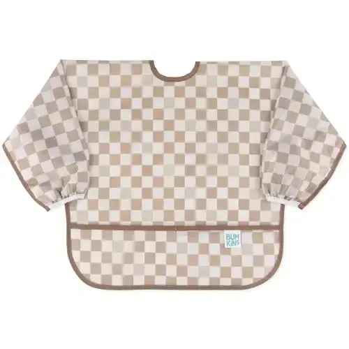 Bumkins Sleeved Bib for Girl or Boy, Baby and Toddler for 6-24 Mos, Essential Must Have for Eating, Feeding, Baby Led Weaning Supplies, Long Sleeve Mess Saving Food Catcher, Soft Fabric, Beige Check 