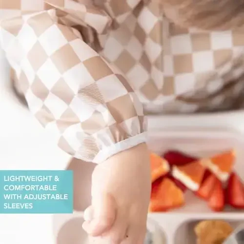 Bumkins Sleeved Bib for Girl or Boy, Baby and Toddler for 6-24 Mos, Essential Must Have for Eating, Feeding, Baby Led Weaning Supplies, Long Sleeve Mess Saving Food Catcher, Soft Fabric, Beige Check - 4