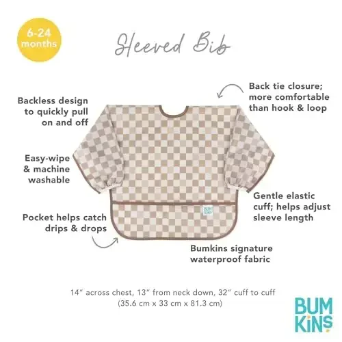 Bumkins Sleeved Bib for Girl or Boy, Baby and Toddler for 6-24 Mos, Essential Must Have for Eating, Feeding, Baby Led Weaning Supplies, Long Sleeve Mess Saving Food Catcher, Soft Fabric, Beige Check - 5