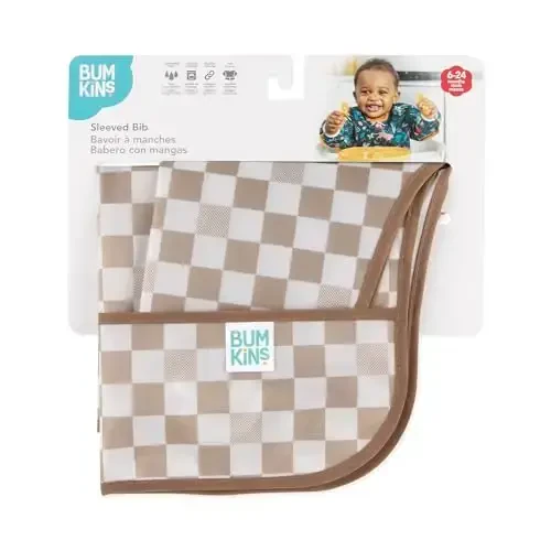 Bumkins Sleeved Bib for Girl or Boy, Baby and Toddler for 6-24 Mos, Essential Must Have for Eating, Feeding, Baby Led Weaning Supplies, Long Sleeve Mess Saving Food Catcher, Soft Fabric, Beige Check - 6