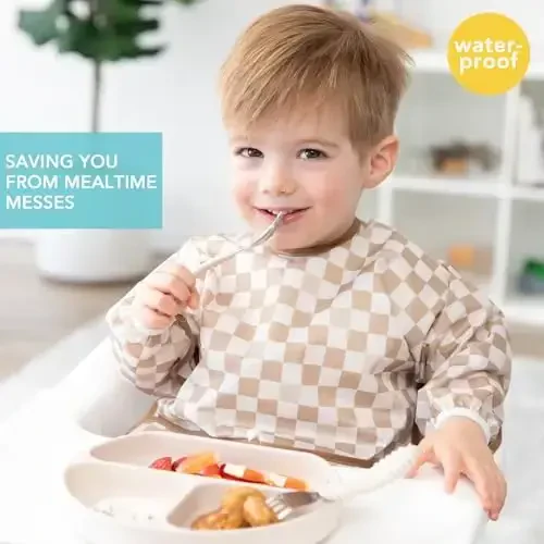 Bumkins Sleeved Bib for Girl or Boy, Baby and Toddler for 6-24 Mos, Essential Must Have for Eating, Feeding, Baby Led Weaning Supplies, Long Sleeve Mess Saving Food Catcher, Soft Fabric, Beige Check - MODAZONE (1)