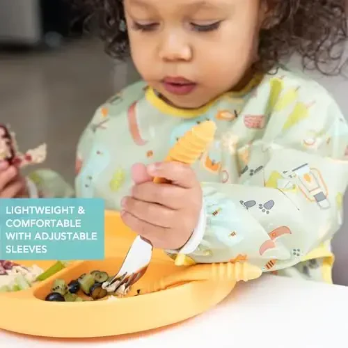 Bumkins Sleeved Bib for Girl or Boy, Baby and Toddler for 6-24 Mos, Essential Must Have for Eating, Feeding, Baby Led Weaning, Long Sleeve Mess Saving Food Catcher, Soft Fabric, Camp Gear Green - 4