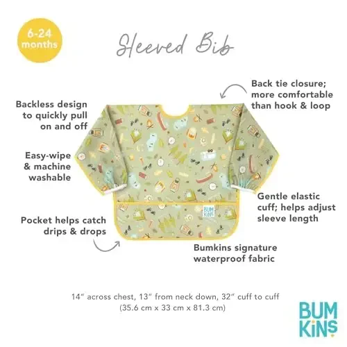 Bumkins Sleeved Bib for Girl or Boy, Baby and Toddler for 6-24 Mos, Essential Must Have for Eating, Feeding, Baby Led Weaning, Long Sleeve Mess Saving Food Catcher, Soft Fabric, Camp Gear Green - 5