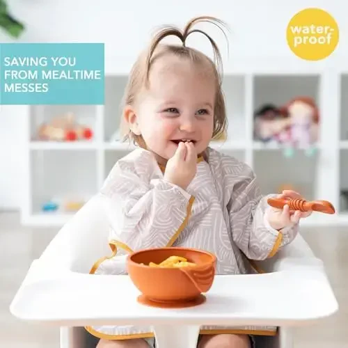 Bumkins Sleeved Bib for Girl or Boy, Baby and Toddler for 6-24 Mos, Essential Must Have for Eating, Feeding, Baby Led Weaning Supplies, Long Sleeve Mess Saving Food Catcher, Soft Fabric, Boho Beige - MODAZONE (1)