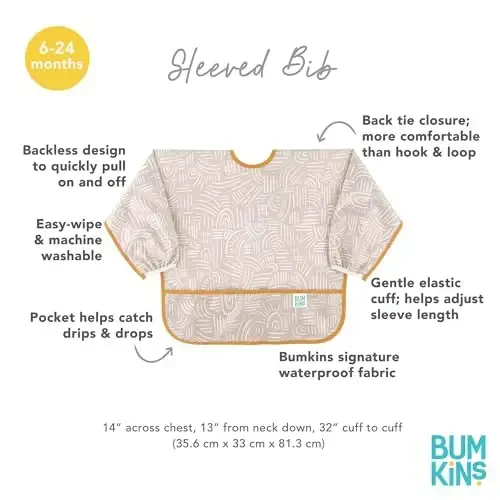 Bumkins Sleeved Bib for Girl or Boy, Baby and Toddler for 6-24 Mos, Essential Must Have for Eating, Feeding, Baby Led Weaning Supplies, Long Sleeve Mess Saving Food Catcher, Soft Fabric, Boho Beige - 5