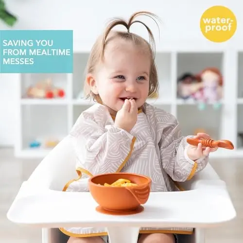 Bumkins Sleeved Bib for Girl or Boy, Baby and Toddler for 6-24 Mos, Essential Must Have for Eating, Feeding, Baby Led Weaning Supplies, Long Sleeve Mess Saving Food Catcher, Soft Fabric, Boho Beige - 2