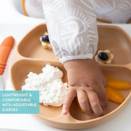 Bumkins Sleeved Bib for Girl or Boy, Baby and Toddler for 6-24 Mos, Essential Must Have for Eating, Feeding, Baby Led Weaning Supplies, Long Sleeve Mess Saving Food Catcher, Soft Fabric, Boho Beige - 4