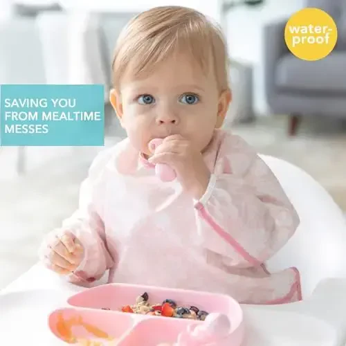 Bumkins Sleeved Bib for Girl or Boy, Baby and Toddler for 6-24 Mos, Essential Must Have for Eating, Feeding, Baby Led Weaning Supplies, Long Sleeve Mess Saving Food Catcher, Soft Fabric, Lace Pink - 2