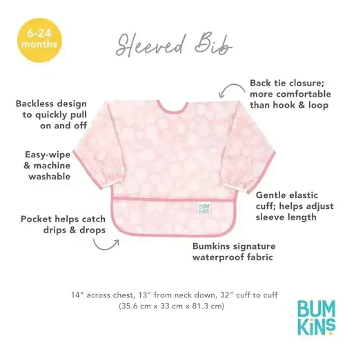 Bumkins Sleeved Bib for Girl or Boy, Baby and Toddler for 6-24 Mos, Essential Must Have for Eating, Feeding, Baby Led Weaning Supplies, Long Sleeve Mess Saving Food Catcher, Soft Fabric, Lace Pink - 5