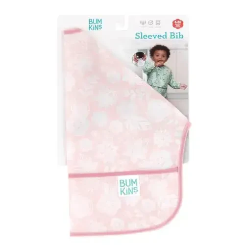 Bumkins Sleeved Bib for Girl or Boy, Baby and Toddler for 6-24 Mos, Essential Must Have for Eating, Feeding, Baby Led Weaning Supplies, Long Sleeve Mess Saving Food Catcher, Soft Fabric, Lace Pink - 6