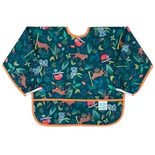 Bumkins Sleeved Bib for Girl or Boy, Baby and Toddler for 6-24 Mos, Essential Must Have for Eating, Feeding, Baby Led Weaning Supplies, Long Sleeve Mess Saving Food Catcher, Soft Fabric, Jungle - MODAZONE