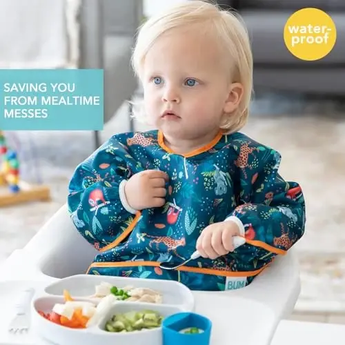 Bumkins Sleeved Bib for Girl or Boy, Baby and Toddler for 6-24 Mos, Essential Must Have for Eating, Feeding, Baby Led Weaning Supplies, Long Sleeve Mess Saving Food Catcher, Soft Fabric, Jungle - 2