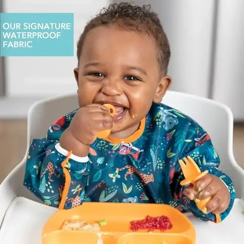 Bumkins Sleeved Bib for Girl or Boy, Baby and Toddler for 6-24 Mos, Essential Must Have for Eating, Feeding, Baby Led Weaning Supplies, Long Sleeve Mess Saving Food Catcher, Soft Fabric, Jungle - 3