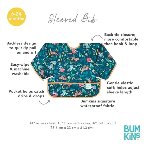 Bumkins Sleeved Bib for Girl or Boy, Baby and Toddler for 6-24 Mos, Essential Must Have for Eating, Feeding, Baby Led Weaning Supplies, Long Sleeve Mess Saving Food Catcher, Soft Fabric, Jungle - 5