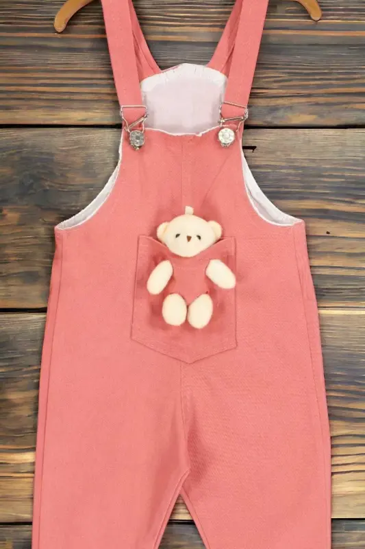 Kız/Erkek Çocuk Ayıcıklı Renkli Salopet Unısex Tulum Likralı Esnek Kumaş Ayarlanabilir Askı-Mercan - 2