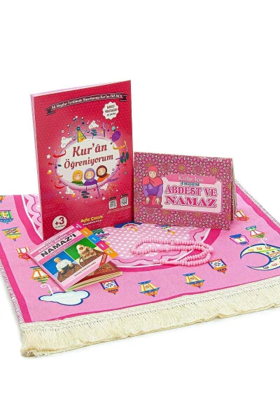 Kızımın İbadet Seti Namaz ve Kuran Öğreniyorum Çocuk Seccade Seti Pembe-Pembe - ihvan online (1)