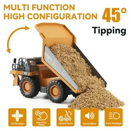 KIZJORYA Remote Control Dump Truck, RC Construction Vehicle for Kids with 9 Channel Metal Bed Light Sound & Rechargeable Battery, Electric Transport Garbage Truck Toy for Toddlers Boys Girls Age 3+ - KIZJORYA (1)