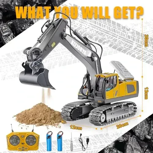 KIZJORYA Remote Control Excavator, Toys for Boys Age 6-12, Rechargeable 11 CH RC Construction Vehicles Truck with Sound Light Metal Shovel, Birthday for Kids 7 8 9 10+ Year Old(2.4 GHz) - 6