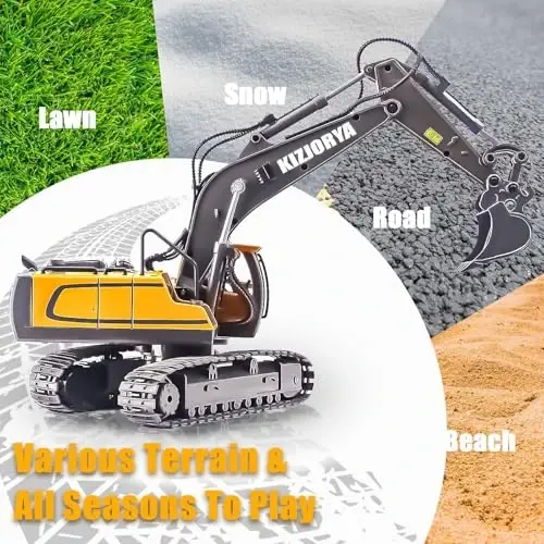 KIZJORYA Remote Control Excavator, Toys for Boys Age 6-12, Rechargeable 11 CH RC Construction Vehicles Truck with Sound Light Metal Shovel, Birthday for Kids 7 8 9 10+ Year Old(2.4 GHz) - 5
