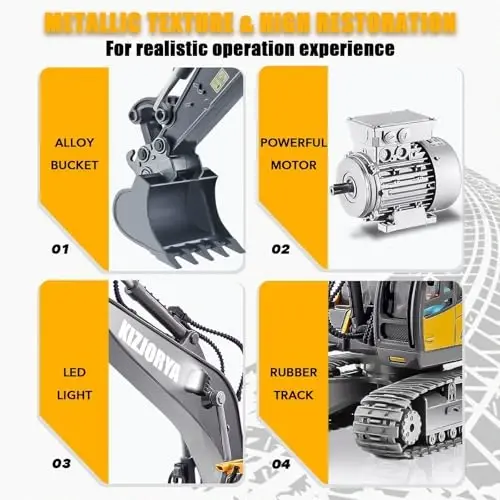 KIZJORYA Remote Control Excavator, Toys for Boys Age 6-12, Rechargeable 11 CH RC Construction Vehicles Truck with Sound Light Metal Shovel, Birthday for Kids 7 8 9 10+ Year Old(2.4 GHz) - 4